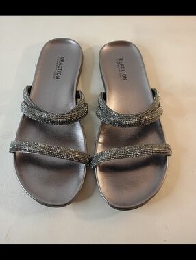 Reaction Kenneth Cole Silver Slide Sandals Rhinestones SLIM SHOT Womens Size 7M
